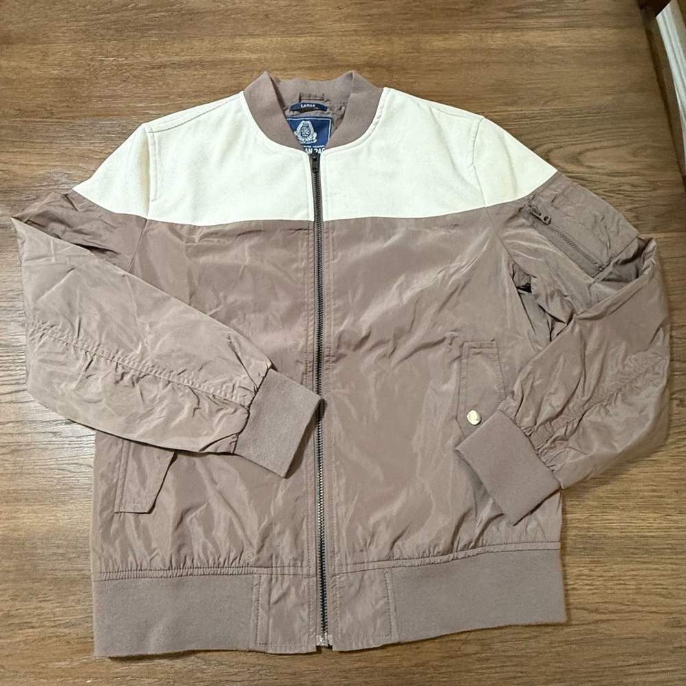 American Rag Two-Tone Bomber Jacket in Cream and Brown
